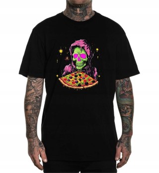 r.L T-SHIRT koszulka męska CZARNA KOŚCIOTRUP PIZZA FLUO