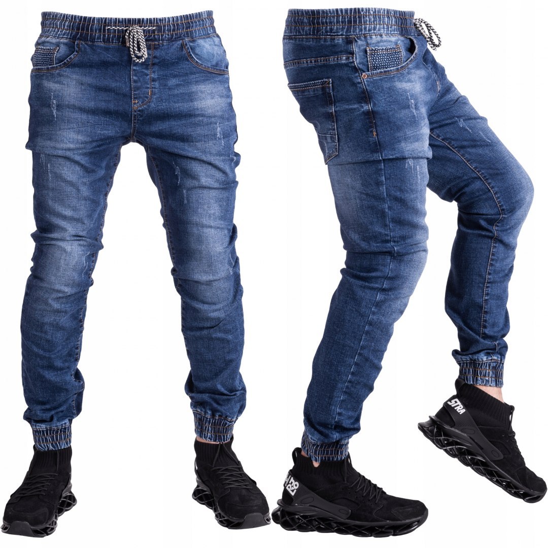 R.38 spodnie joggery jeansowe ściągacze niebieskie