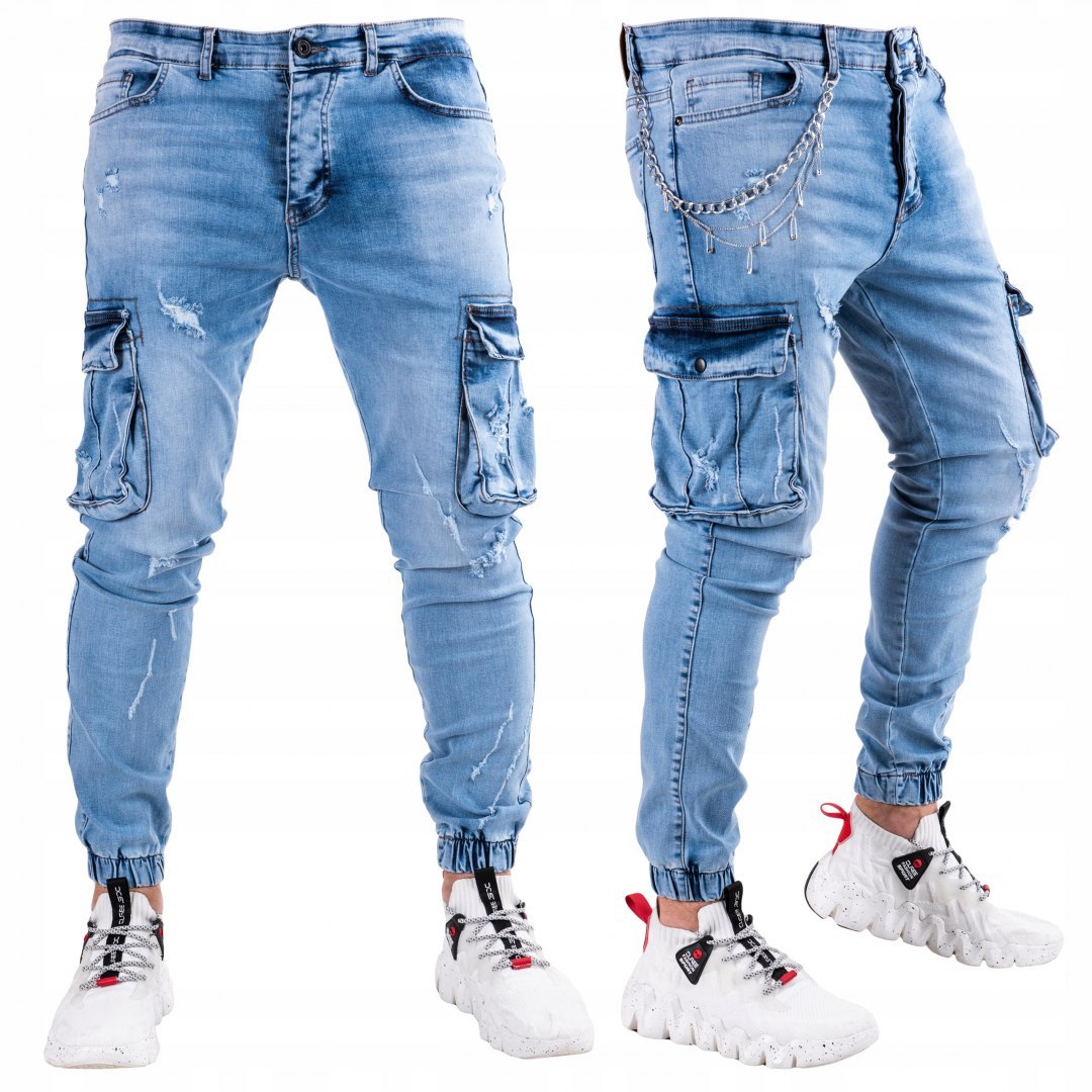 R.30 Spodnie męskie jeansowe bojówki łańcuch AMAD