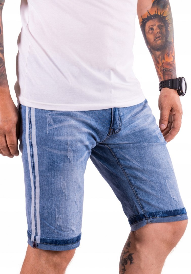 R. 34 Krótkie SPODENKI proste lampasy jeans ROMERO